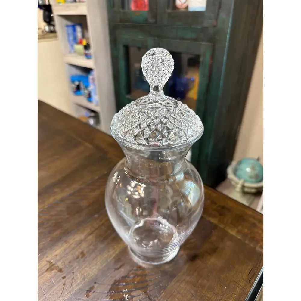 Vintage Clear Crystal Glass Large Covered Jar Diamond Point Lid Ball Finial